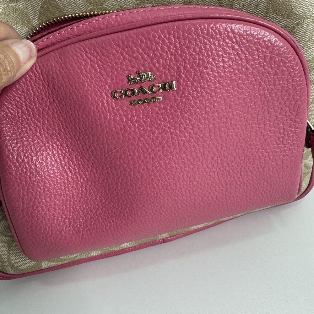 Coach Backpack Court Khaki Pink Saddle Signature Coated Canvas Leather EXC - Picture 4 of 13